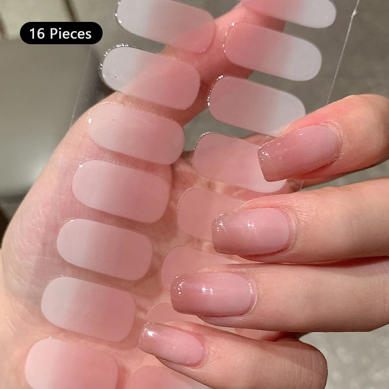 Pink Glitter Design Baking-free Nail Stickers French Style Solid Color Adhesive Full Cover Nail Strip Slider DIY Manicure Decals