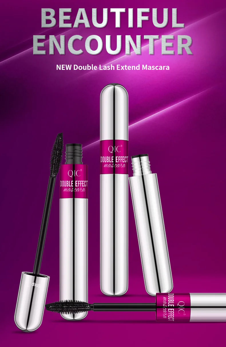 QIC Double Effect 4D Mascara Waterproof Long Curl Natural Thick Eyelash 2-in-1 Black Mascara with 2 Brush Heads