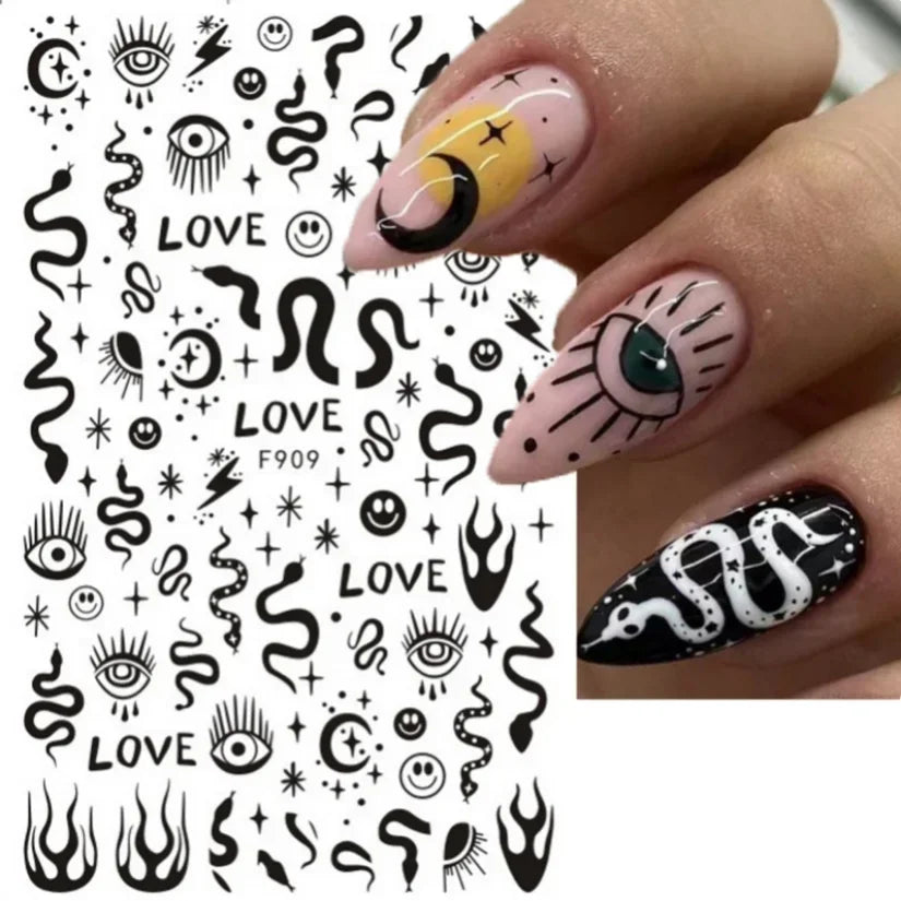 Adhesive stickers with European and American style cross snake black and white wave dot hot silver line letter nail stickers