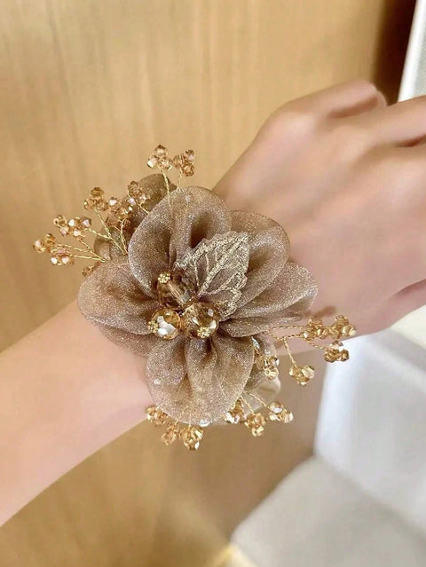 1/2Pcs New Floral & Leaf Design Hair Scrunchie With Rhinestones, Fashionable Hair Accessory With Elegant Feel For Party ,Beach