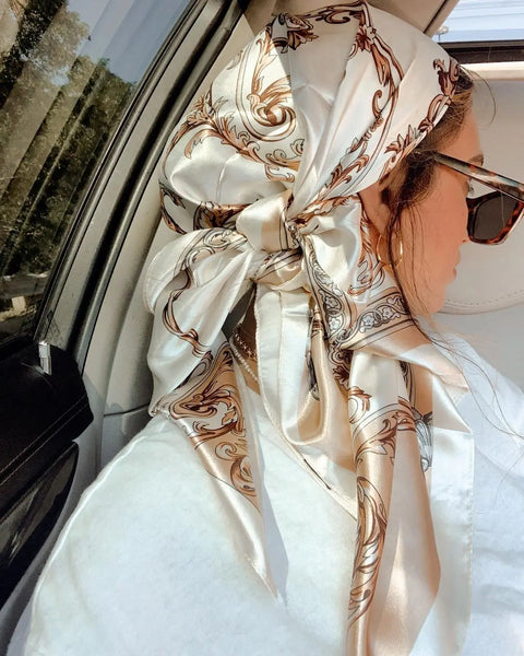 Satin Square Scarf Women Muslim Hijab Elegant 2025 Print Silk Neckerchief Shawl Wraps Headband Handle Hair Accessories Bandana