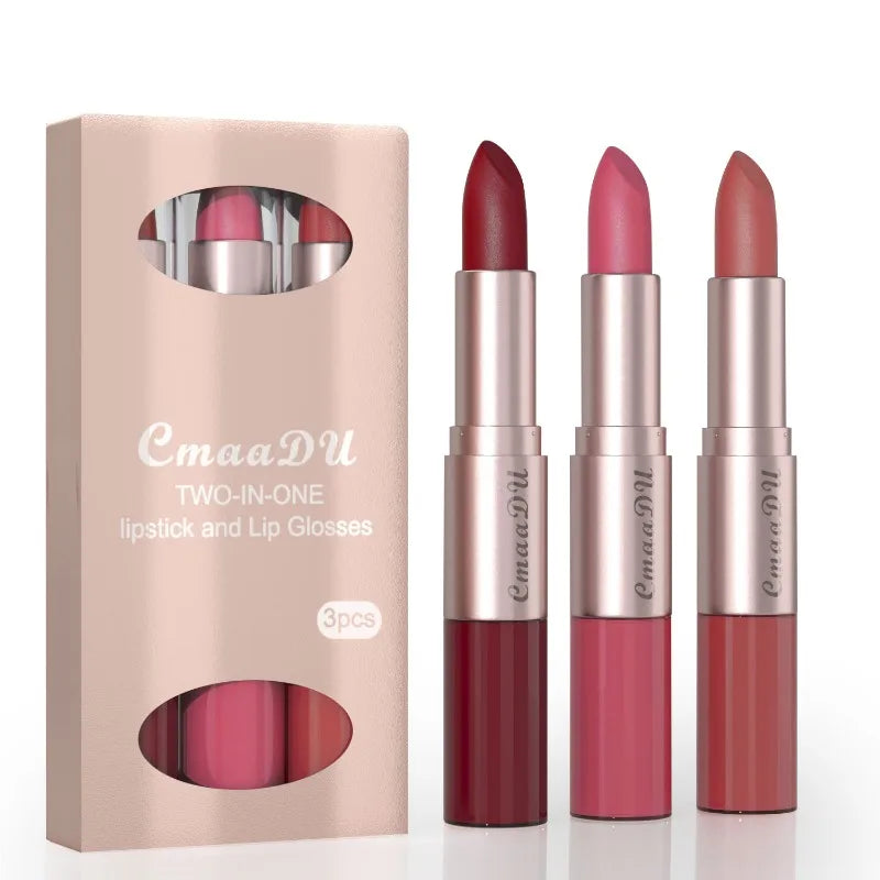 3 Color/Set Lipstick Sexy Lip Gloss 2 in 1 Lip Tint Waterproof Long-Lasting Moisture Red Lips Matte Lip Stick Makeup for Women