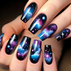 24pcs/set Medium long square fake nails for women starry sky gradient black blue purple moon star design press on false nails