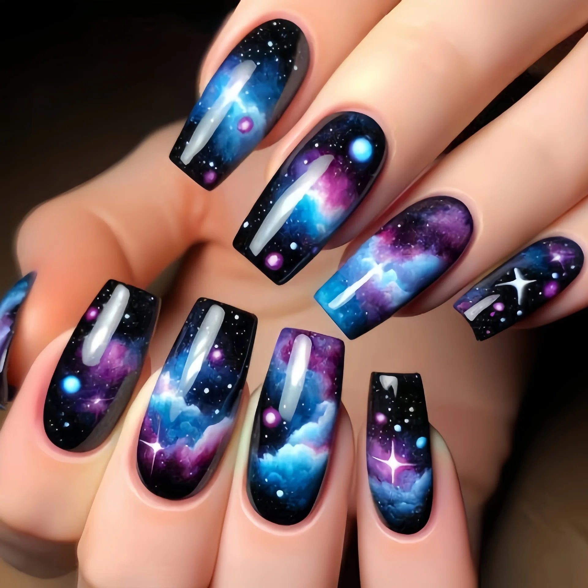 24pcs/set Medium long square fake nails for women starry sky gradient black blue purple moon star design press on false nails