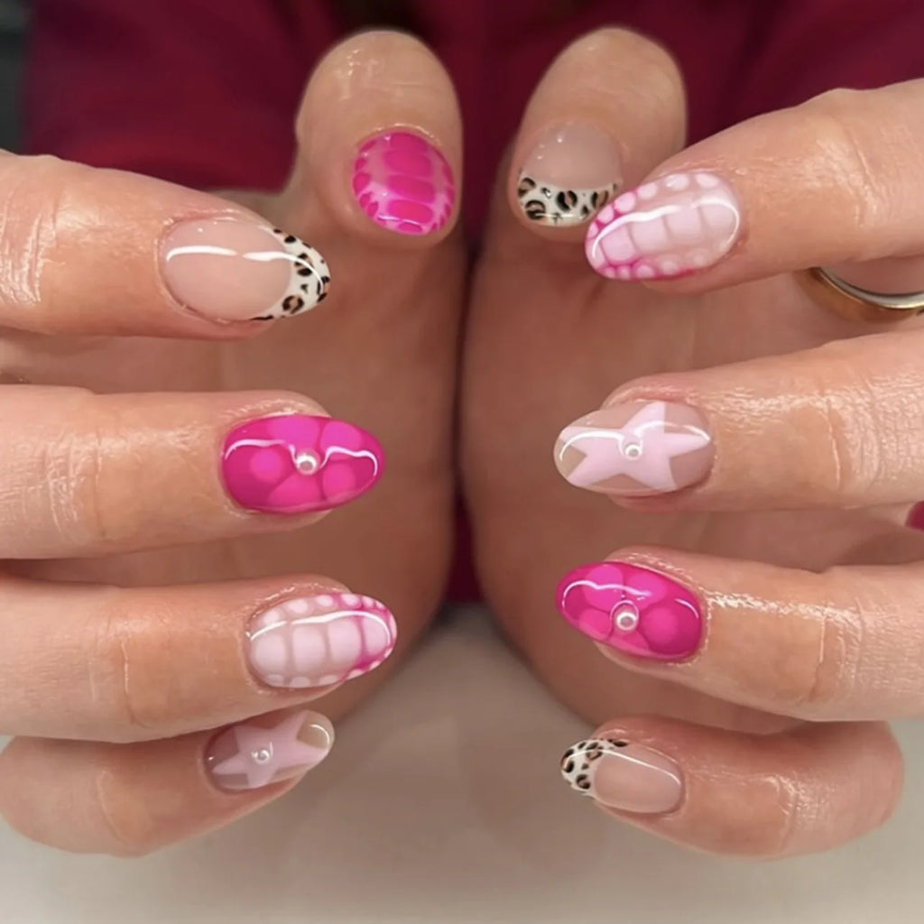 24pcs Brown French Leopard Print Press On Nails Stereo Pink Flower Designs Autumn False Nails Sweet Cool Almond Fake Nail Tips