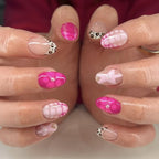 24pcs Brown French Leopard Print Press On Nails Stereo Pink Flower Designs Autumn False Nails Sweet Cool Almond Fake Nail Tips