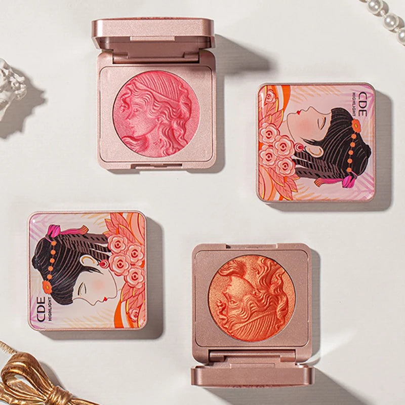 3D Orange Highlighter Embossed Blush Palette Long-Lasting Shimmer Powder Pink Coral Rouged For Cheeks Eyes Smooth Cosmetics