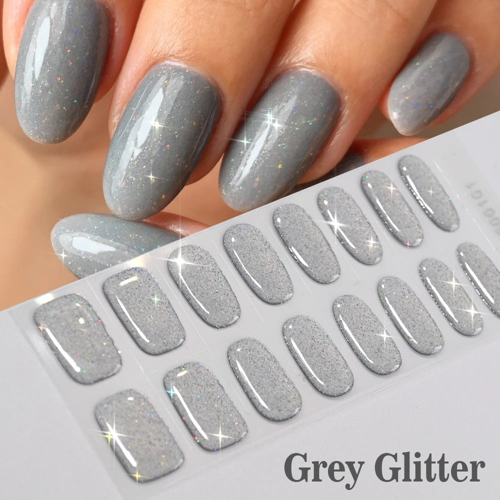 16Tips French Black Semi-Cured Nail Stickers With Glitter Long-Lasting UV Gel Nail Polish Wraps Full Cover Nail Art Decals Patch