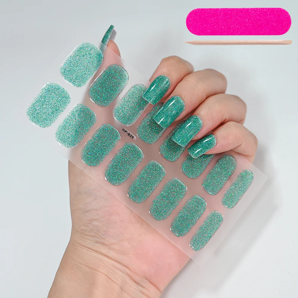 16Tips French Black Semi-Cured Nail Stickers With Glitter Long-Lasting UV Gel Nail Polish Wraps Full Cover Nail Art Decals Patch