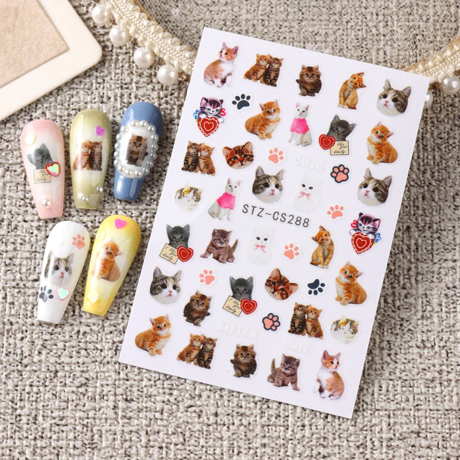 Lovely Dog Cat Animal Bunny 3D Korean Cartoon Scrawl Relief Self Adhesive Nail Art Stickers Cute Pretty Puppy Kitty Star Manicur