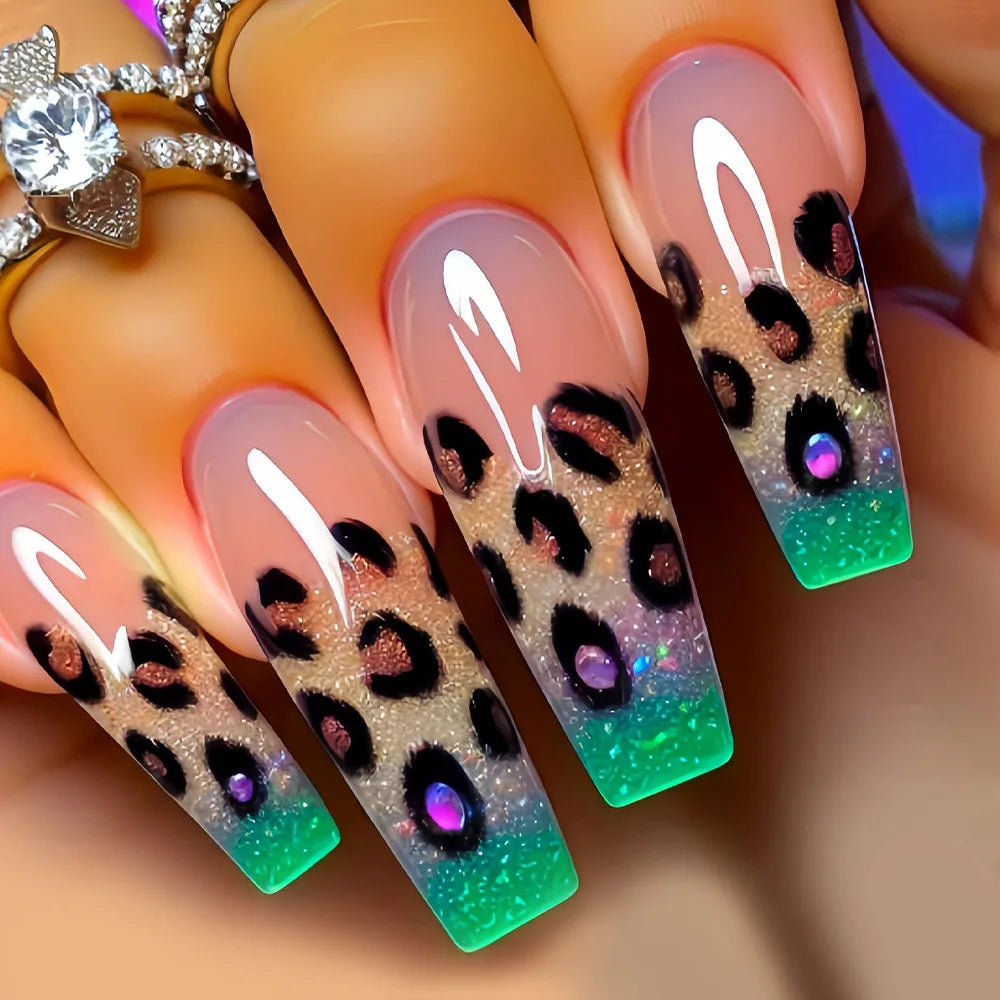 Medium long fake nails for women girls Y2K colorful gradient leopard print Pink green coffee coffin tips press on false nail set