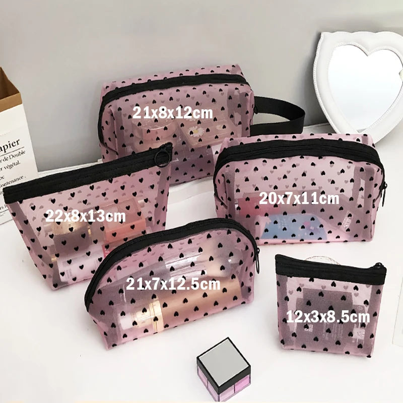 Heart Transparent Mesh Makeup Bag Multifunction Portable Women Cosmetic Storage Pouch Ladies Toiletry Lipstick Organizer Bags