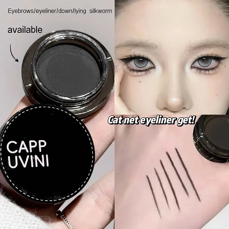 Natural Black Eyeliner Gel Cream with Brush Waterproof Lasting Non Smudging Matte Brown Easy Wear Eyebrow Silkworm 3 in 1 Makeup