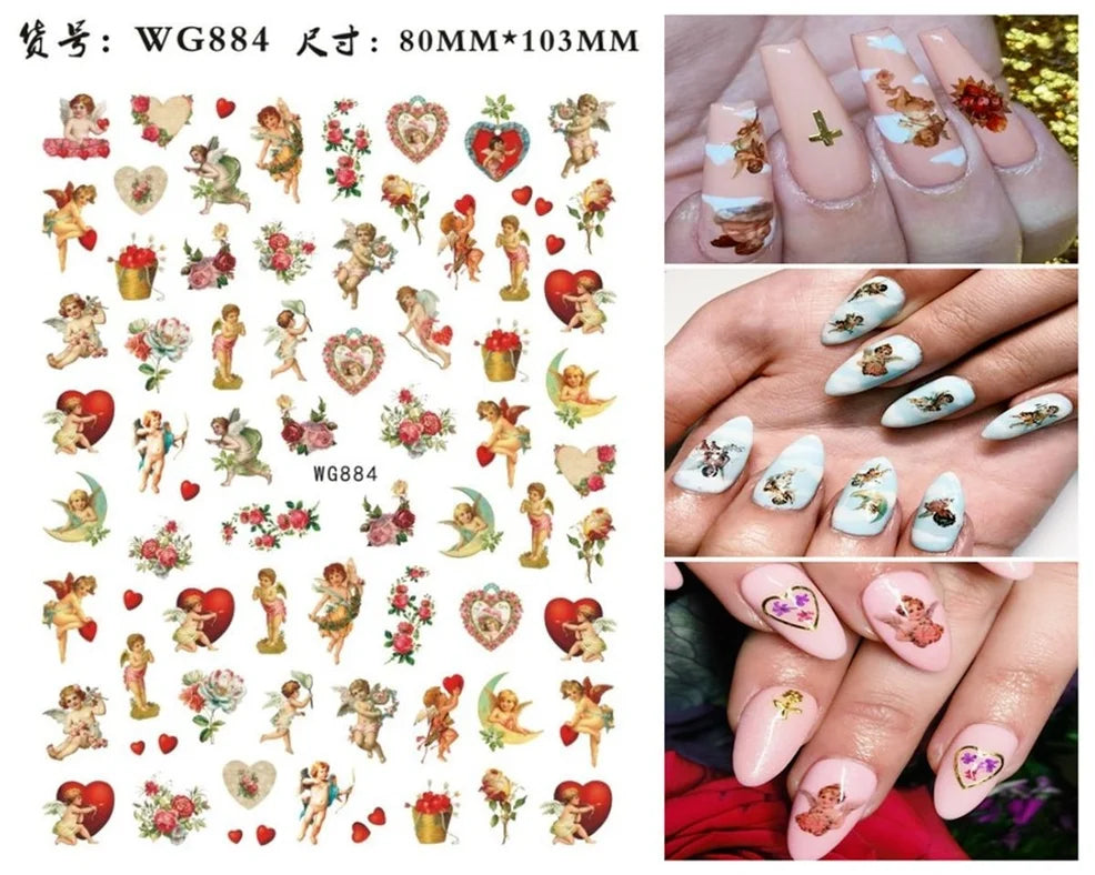 Nail Art Sticker Angel Flower Pattern Stickers Cupid Self-Adhesive Nail Decals Stickers Decoration Press on Nails Accessories