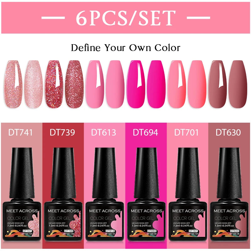 MEET ACROSS 6Pcs/Set 7.3ml Sparkly Red Pink Gel Nail Polish Glitter Semi Permanent Nail Art LED UV Gel Varnish Nail Supplies
