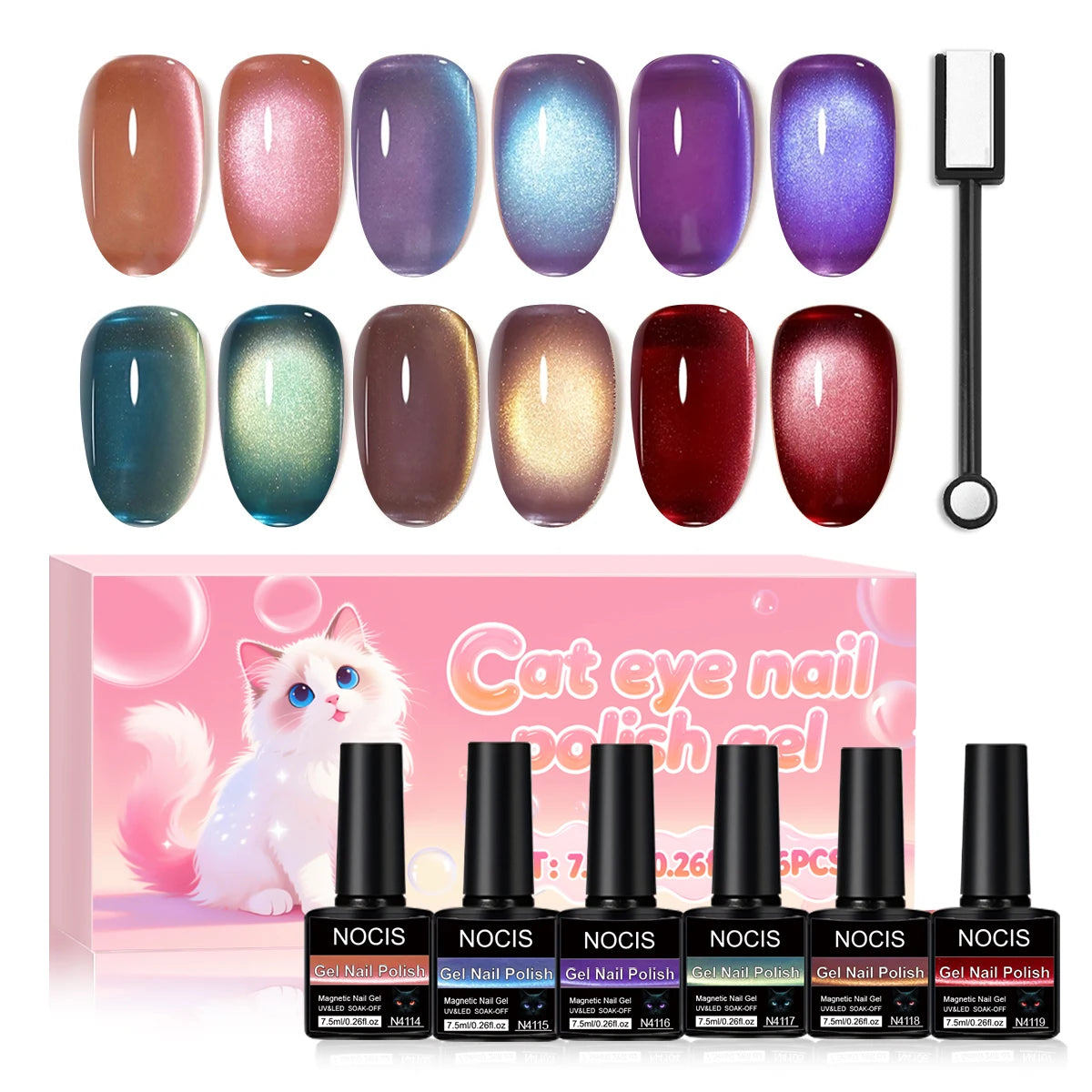 NOCIS Bottle Fruit Cat Eye 6-color Set -- Ultra Bright Cat Eye Nail Kit, 6 Colors of Magnetic Gel Polish Stylish Salon