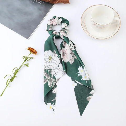 2023 Fashion Print Chiffon Long Ribbon Scrunchies Women Girls Ponytail Scarf Elastic Hair Bands Ties Hair Accessories Wholesale
