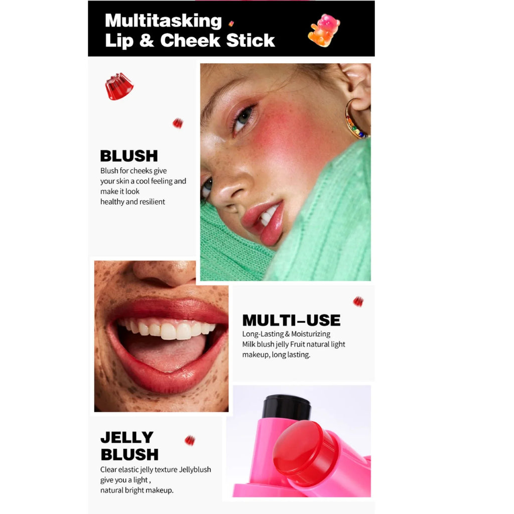 Lip and Cheek Jelly Blush Stick Lipstick Jelly Blusher Stick Makeup, Water Jelly Tint Stick, Lightweight Long Lasting Cosmetics