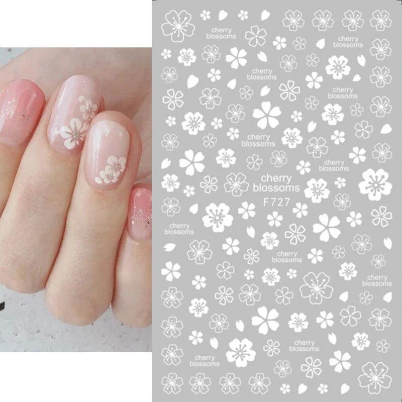1pcs Sakura Flower 3D Nail Stickers White Cherry Blossom Nail Art Decals Spring Summer Adhesive Slider Decor Wedding Manicure