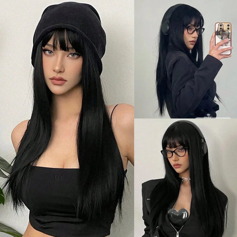 Synthetic Long Silky Straight Wigs with Bangs Black Cosplay Party Lolita Hair Wigs for Women Natural Heat Resistant Wig