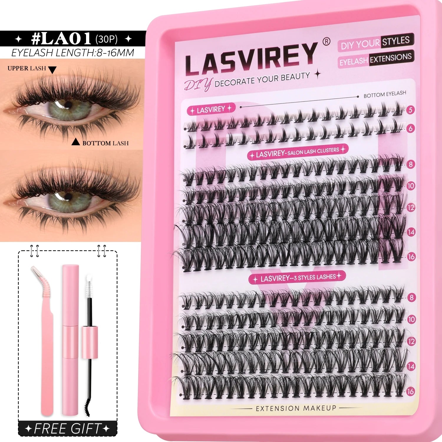 Lasvirey DIY Lashes Kit Fluffy Lash Clusters Kit Mixed Individual Eyelashes with Bottom Lashes Extension Cluster Lashes Makeup