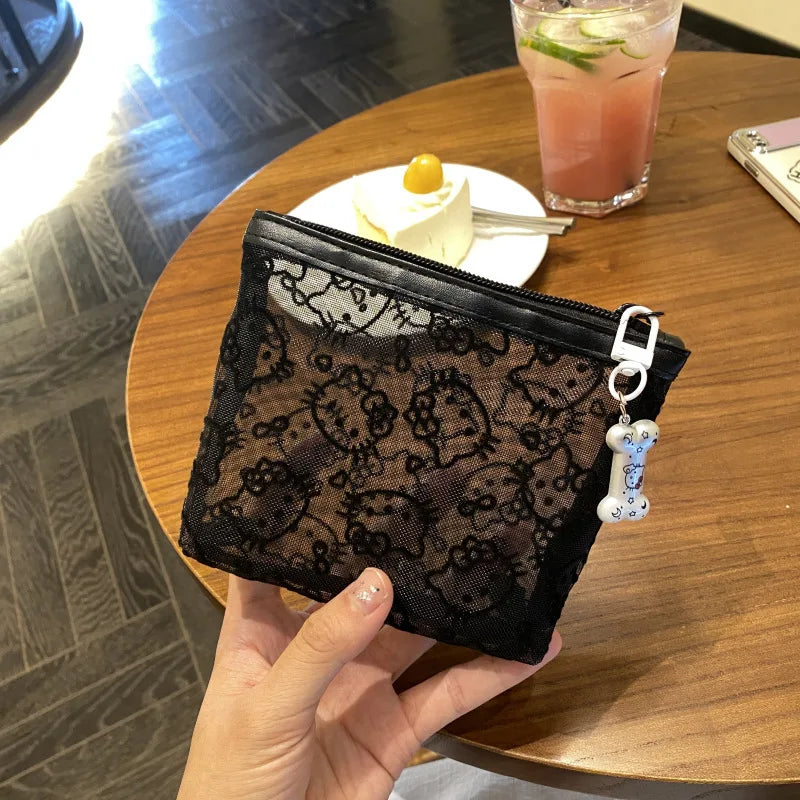 Kawaii Sanrio Hello Kitty Coin Purse Anime Cartoon Fashion KT Mesh Style Portable Makeup Bag Earphone Storage Bag Holiday Gifts