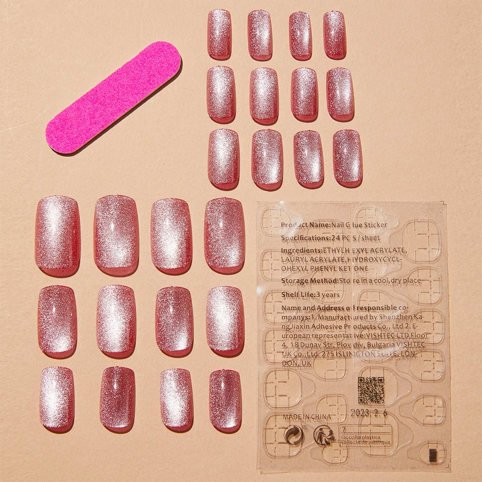 24pcs Pink Shiny Press-on Nails Cat Eye Glitter Artificial Nail Patch For Lady Women Manicure DIY Art Supplies with Jelly Glue