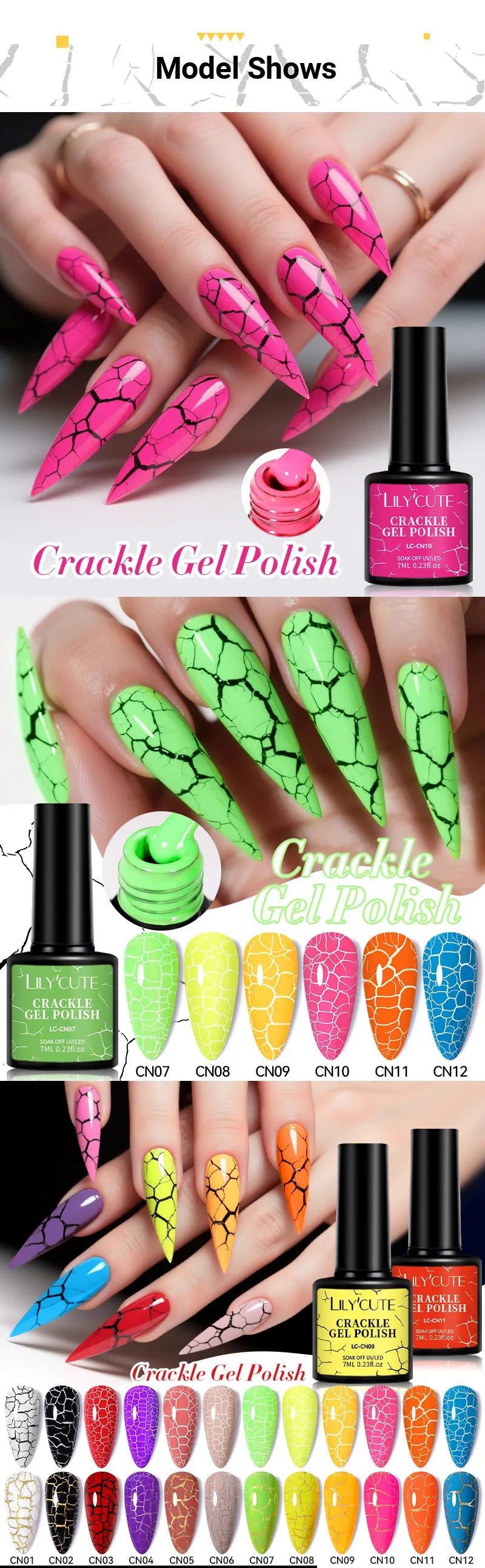 LILYCUTE 7ml Neon Crackle Gel Nail Polish Summer Fluorescent Quick Drying Semi Permanent UV Gel Nail Art Varnish DIY Manicure