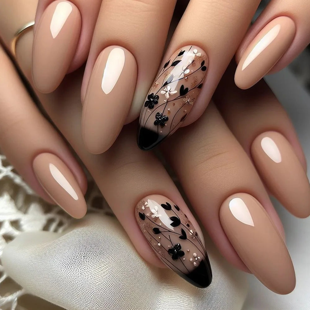 24pcs/set Medium long square fake nails for women girls cute heart flowers feather butterfly design press on false nail art tips