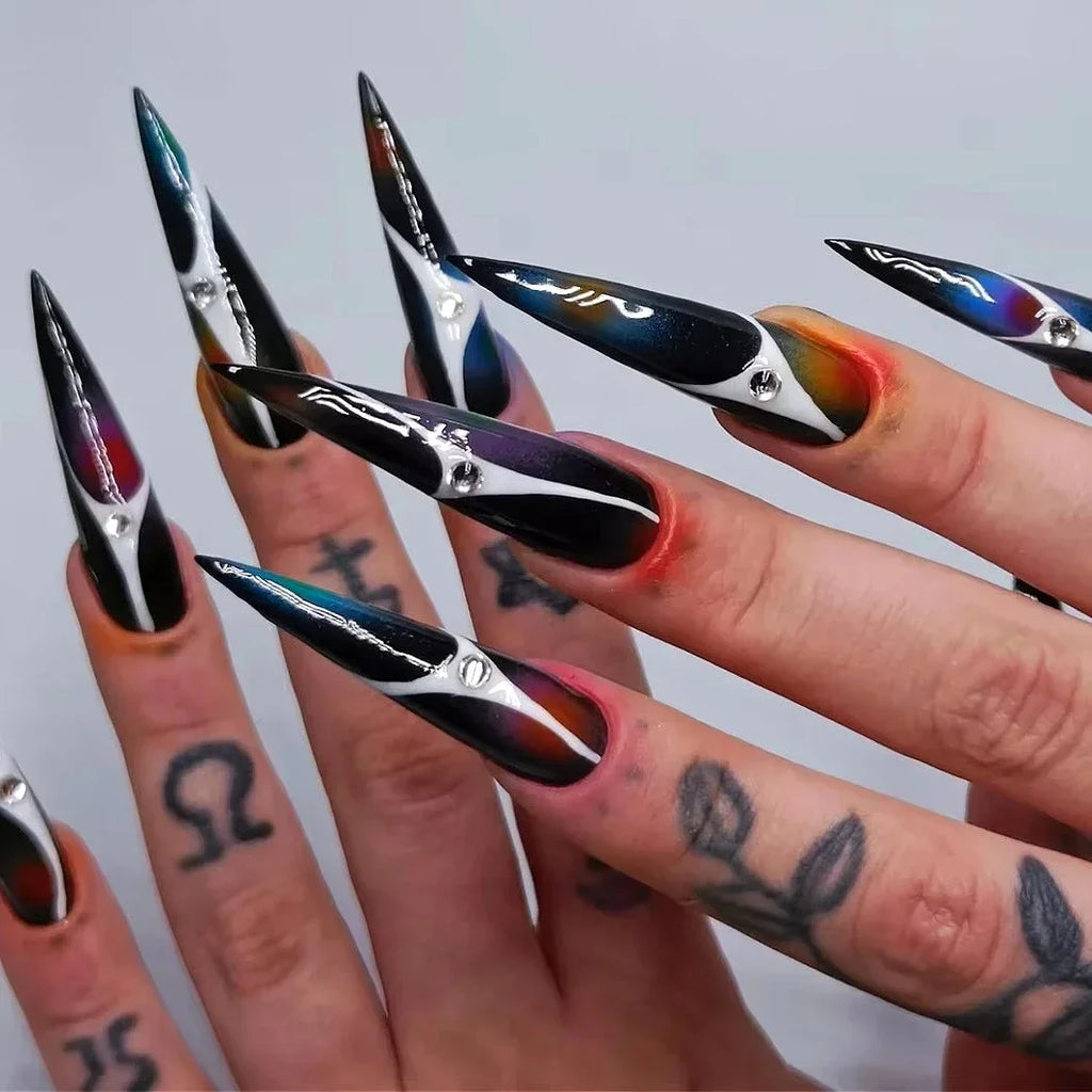 Exaggerate Punk Extra Long Pointed Fake Nails Art Dark Y2K Black Spider Centipede Rhinestone False Nail Press on Nails Manicure