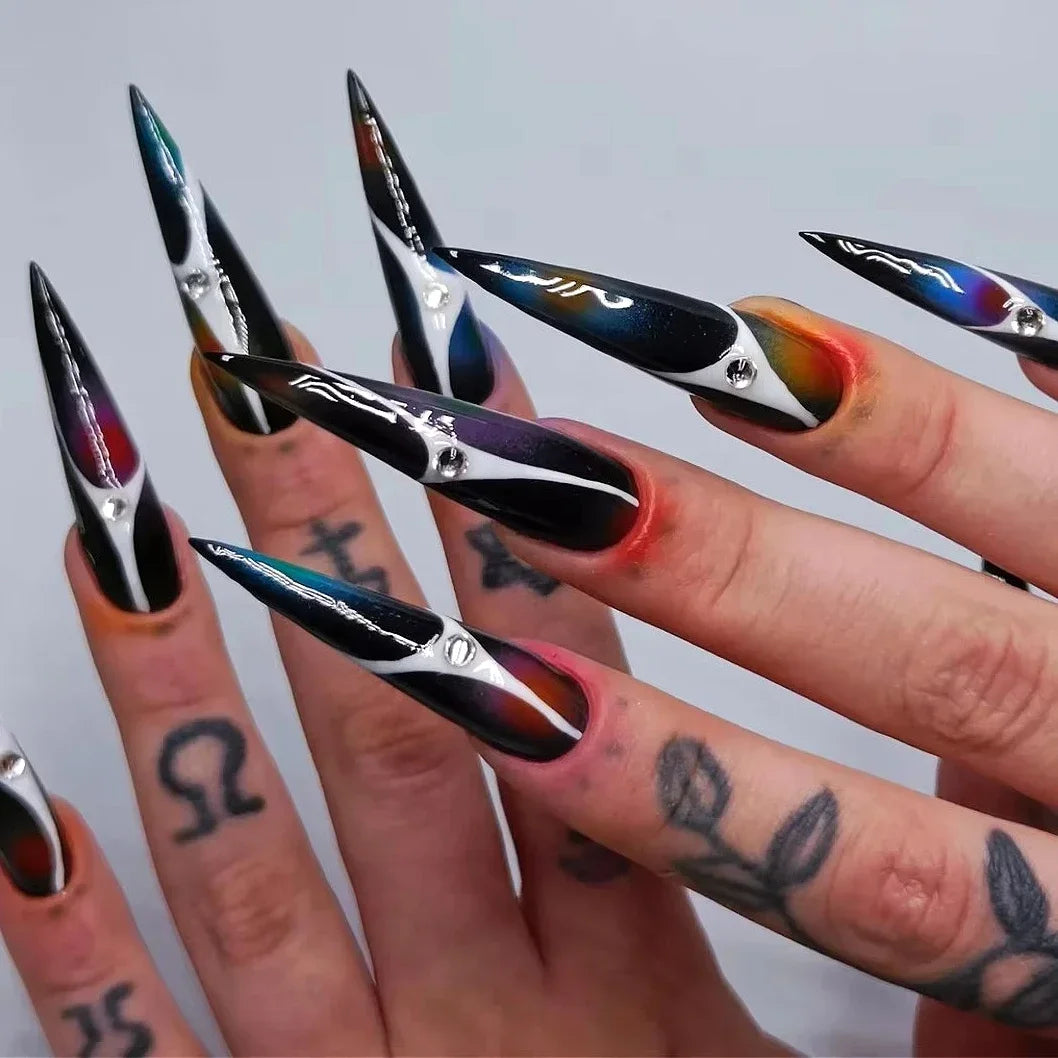 Exaggerate Punk Extra Long Pointed Fake Nails Art Dark Y2K Black Spider Centipede Rhinestone False Nail Press on Nails Manicure