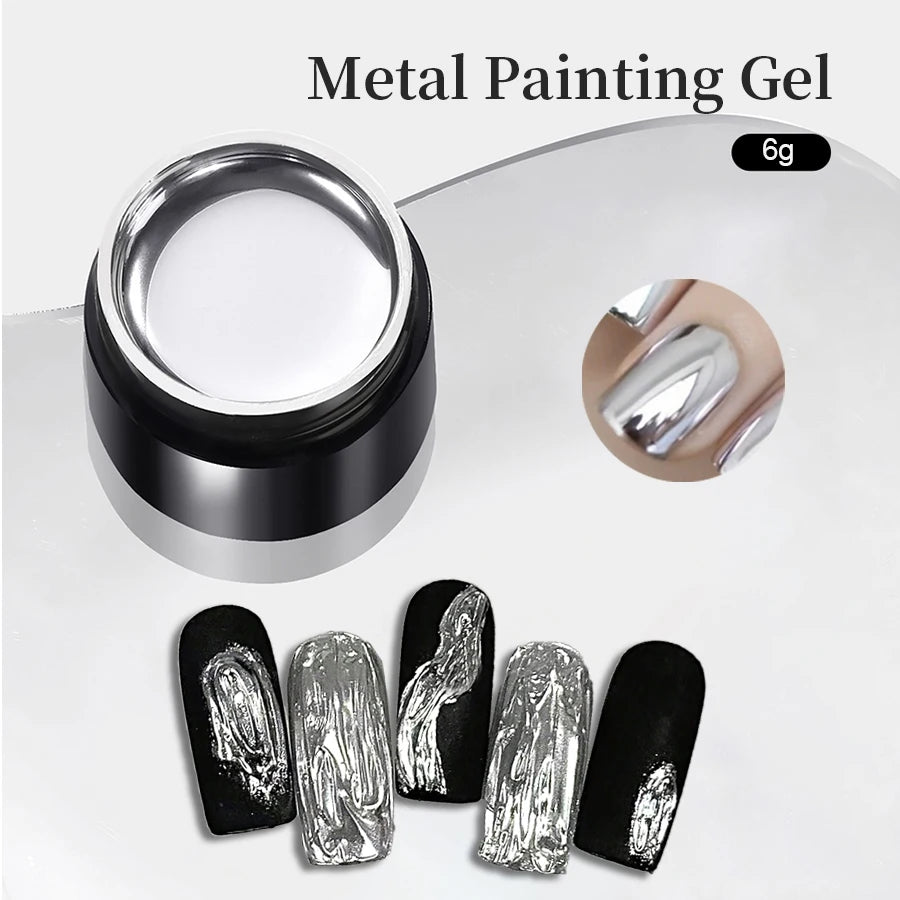 Mirror Metal Gel Nail Polish with Silver Rose Golden Painting Drawing - Easy to Apply and Long-Lasting