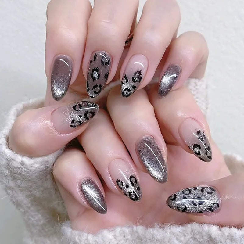 24pcs Glossy Red Cat's Eye Press On Nails Full Cover Nude Color Wearable Almond False Nails Charms Detachable Fake Nail For Girl