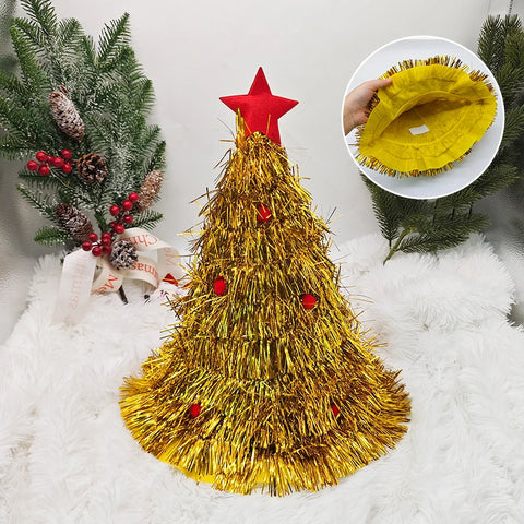 Christmas Tree Hats Fabric Rain Silk Hat for Adults Kids Funny Santa Hat with Tinsel Xmas Holiday Party Costume New Year Decor