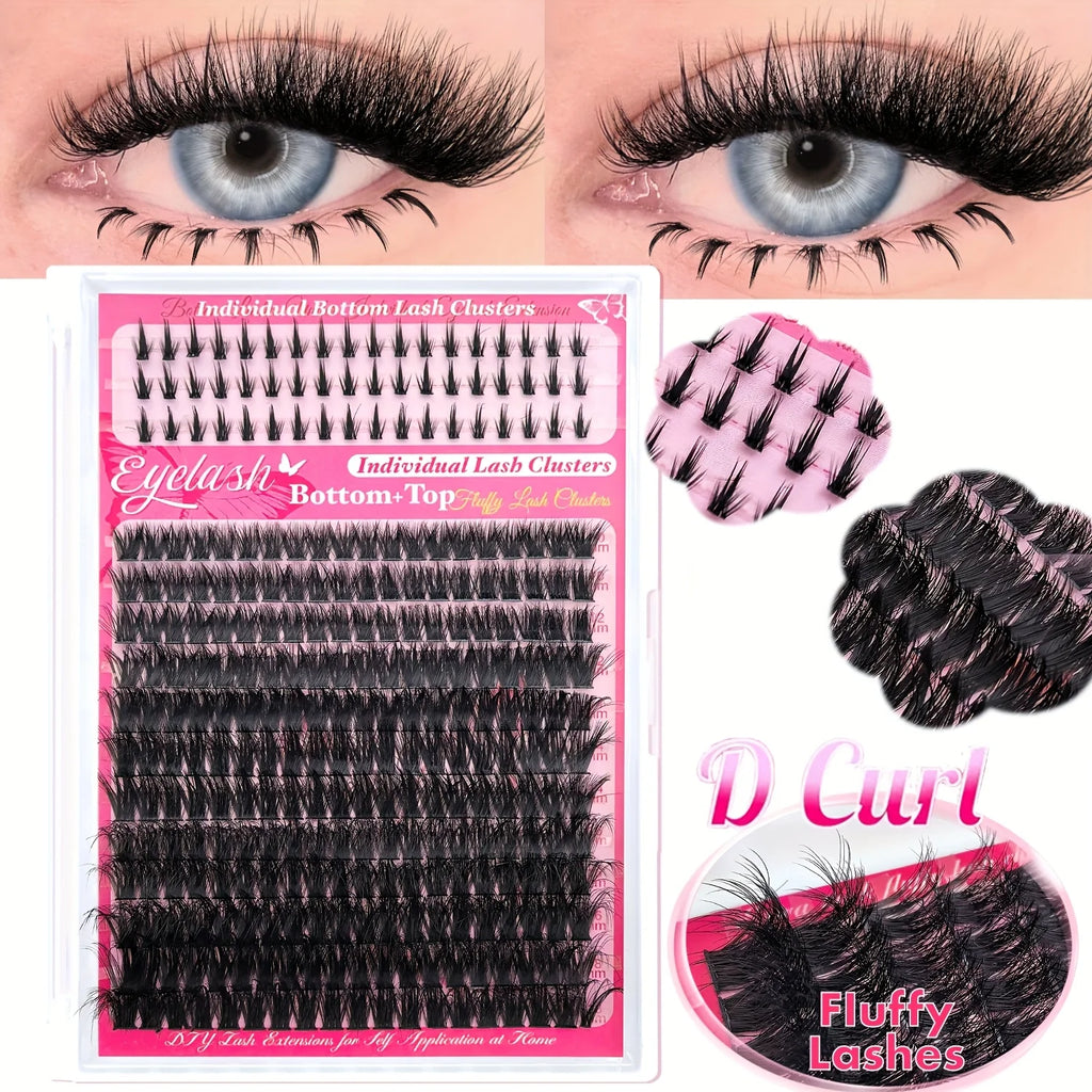 DIY False Eyelash Extension Kit, Individual Lash Clusters Bottom & Upper Lashes, Extra Thick & Fluffy Lashes for Beginners DIY