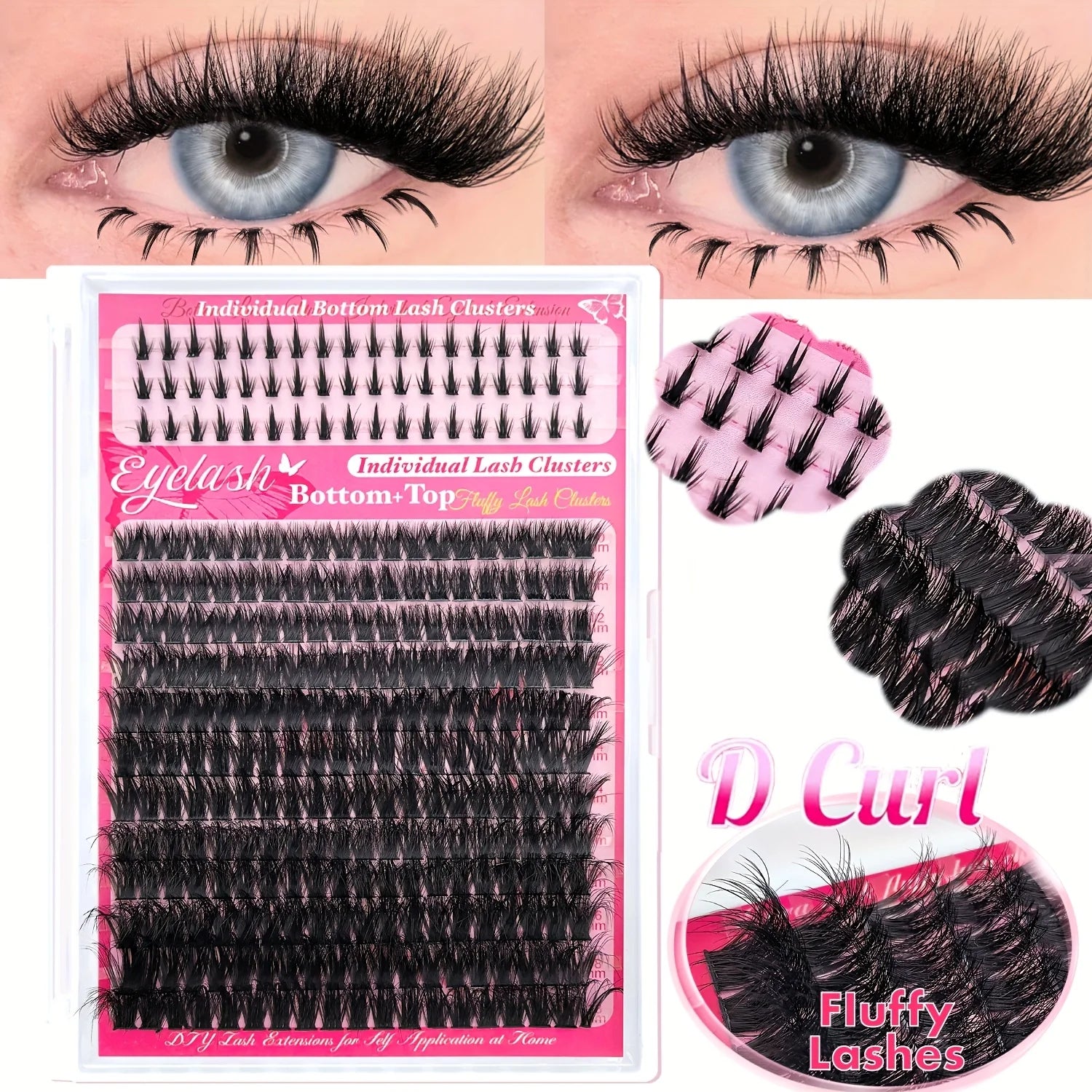 DIY False Eyelash Extension Kit, Individual Lash Clusters Bottom & Upper Lashes, Extra Thick & Fluffy Lashes for Beginners DIY