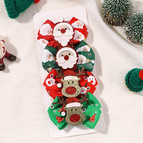 4pcs New Christmas Hair Bow Clips for Baby Girls DIY Glitter X'mas Santa Elk Bowknot Hairpin Cute Kid Headwear Hair Accessories