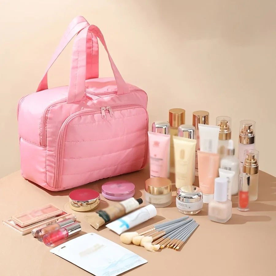 Large Capacity Quilted Makeup Bag-Portable Multi Functional Storage Bag,Layered Design, Durable Nylon,Ideal for Christmas Gifts