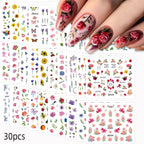 30Pcs/set Colorful Butterfly/Flowers Nail Stickers Kawaii Cute Mini Rose/Lavender/Sunflower Nail Decal DIY Adhesive Nail Floret