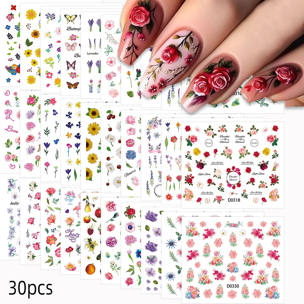 30Pcs/set Colorful Butterfly/Flowers Nail Stickers Kawaii Cute Mini Rose/Lavender/Sunflower Nail Decal DIY Adhesive Nail Floret