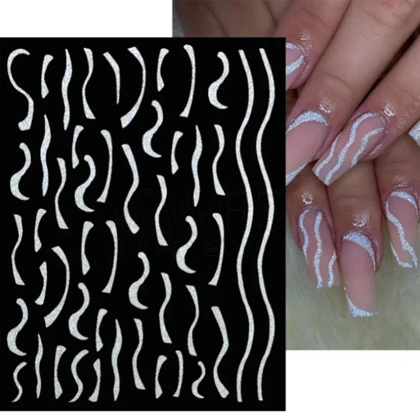 Adhesive stickers with European and American style cross snake black and white wave dot hot silver line letter nail stickers