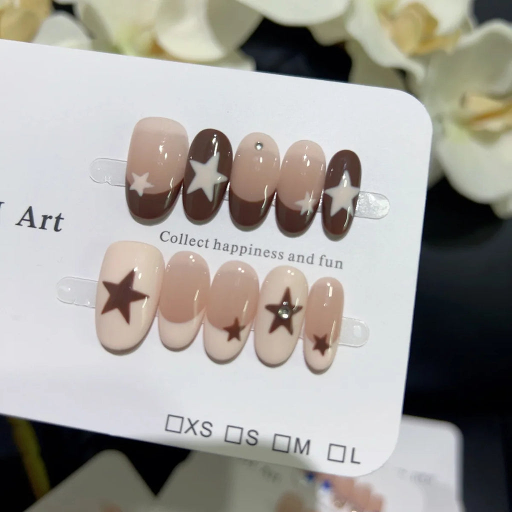 10PCS Ins Blue Short Oval False Nails Retro Hand-drawn Brown Polka Dot Bow French Press on Nails Full Cover Detachable Manicure