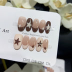 10PCS Ins Blue Short Oval False Nails Retro Hand-drawn Brown Polka Dot Bow French Press on Nails Full Cover Detachable Manicure