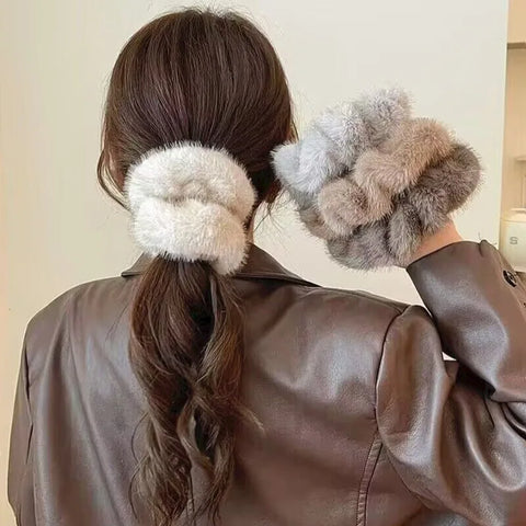 Autumn Winter New Faux Mink Fur Large Scrunchie High-End Bun Hair Tie Durable Hair Rope Leather Hair Accessory  헤어밴드