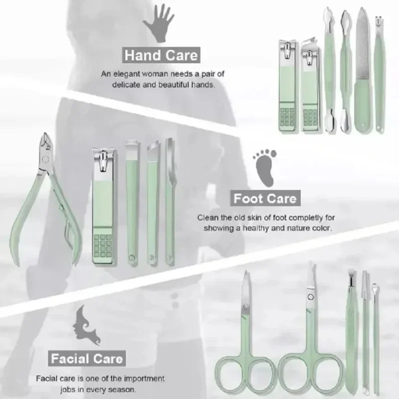 16Pcs Stainless Steel Nail Clippers Cuticle Nippers Set Portable Travel Case Household Manicure Pedicure Grooming Supply
