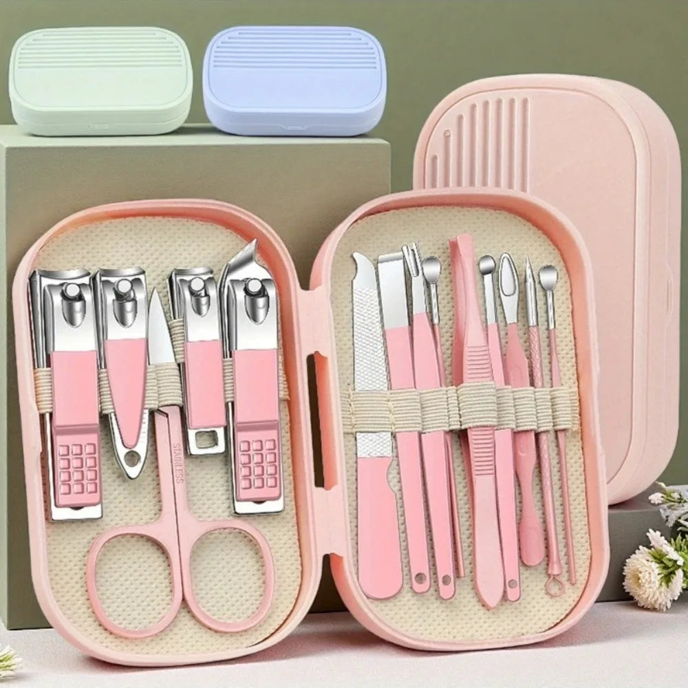 14 Piece Deluxe Nail Care Kit Pink & Blue Stainless Steel Manicure & Pedicure Set with Nail Scissors Clippers Ear Digging Spoon