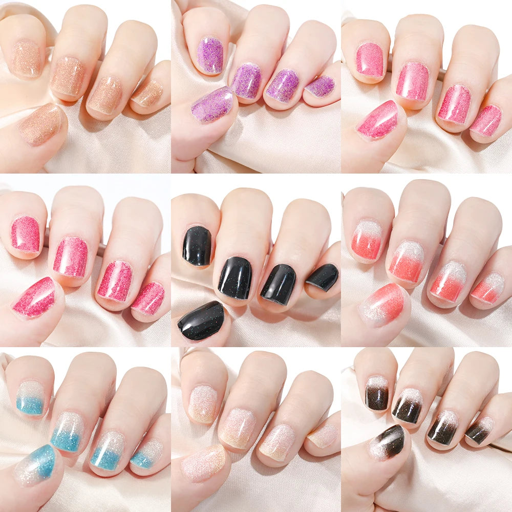 16Tips French Black Semi-Cured Nail Stickers With Glitter Long-Lasting UV Gel Nail Polish Wraps Full Cover Nail Art Decals Patch