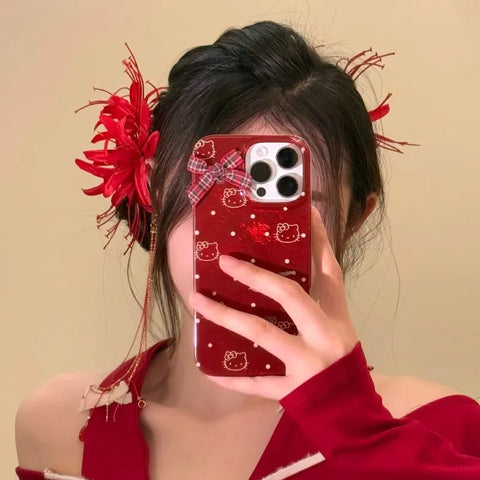 Red Shore Flower Hair Clip New Tassel Design Ancient Style Elegant Duckbill Clip Women's Side Bangs Clip Hair Accessory