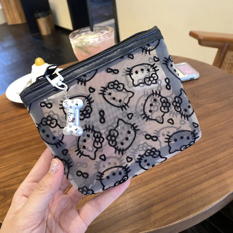 Kawaii Sanrio Hello Kitty Coin Purse Anime Cartoon Fashion KT Mesh Style Portable Makeup Bag Earphone Storage Bag Holiday Gifts