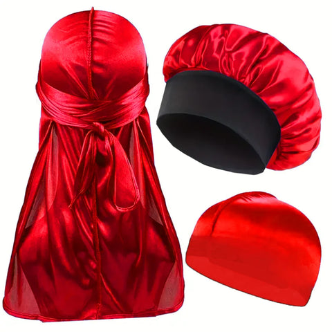 3pcs/set, Durag & Bonnet & Dome Hats, Solid Color Elastic Satin Bonnet Night Cap, Lightweight Pirate Hats